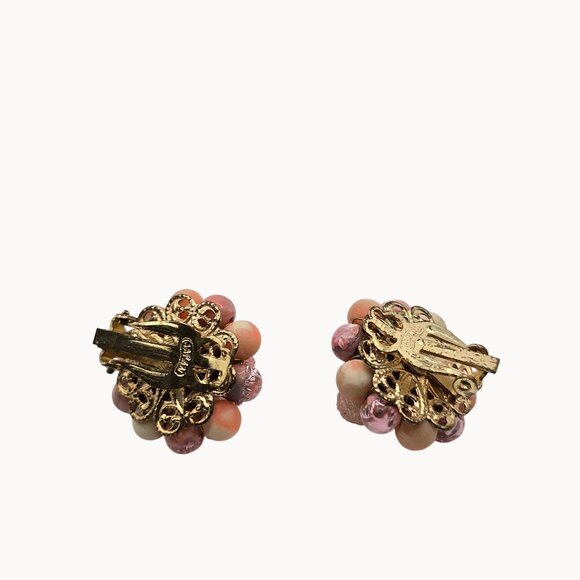 Vtg Pink/White Gold-Tone Clip-On Beaded Cluster Earrings Retro Party Fun Spring - Picture 4 of 8